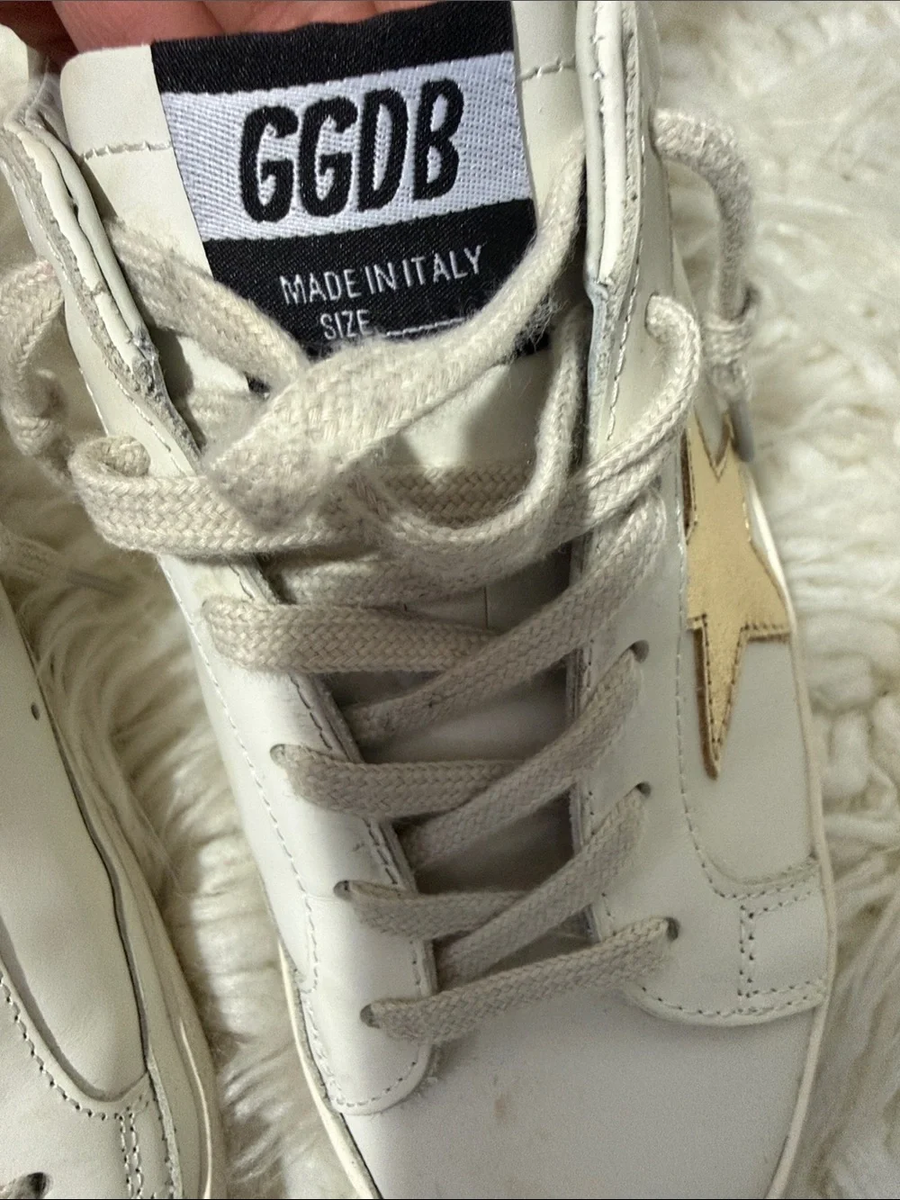Golden Goose Super Star White Low-Top Sneaker with Beige Star and Black Glitter - Picture 4 of 11
